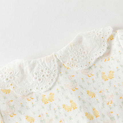 Baby Girls Summer Cute Duck Print Beige Breathable Cotton Rompers