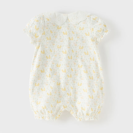 Baby Girls Summer Cute Duck Print Beige Breathable Cotton Rompers