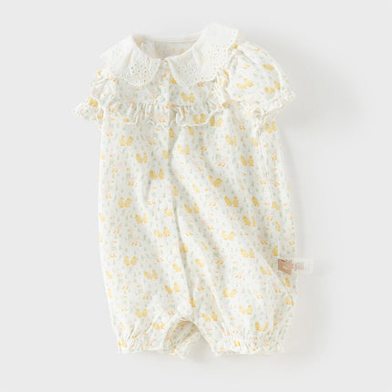 Baby Girls Summer Cute Duck Print Beige Breathable Cotton Rompers