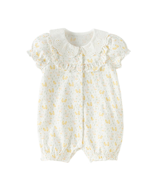Baby Girls Summer Cute Duck Print Beige Breathable Cotton Rompers