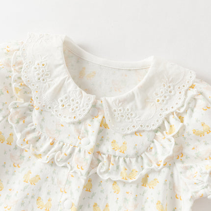 Baby Girls Summer Cute Duck Print Beige Breathable Cotton Rompers