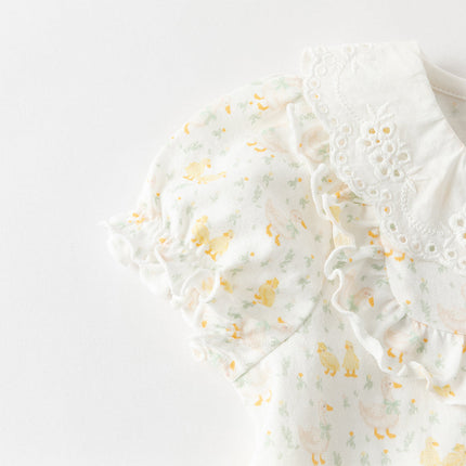 Baby Girls Summer Cute Duck Print Beige Breathable Cotton Rompers