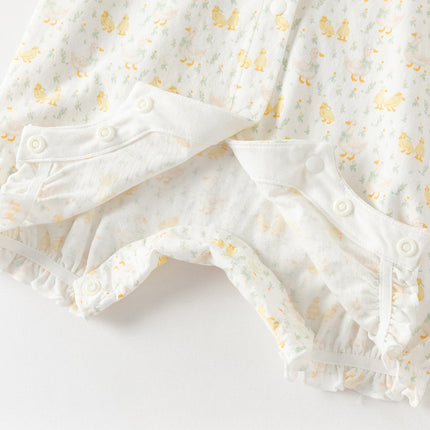 Baby Girls Summer Cute Duck Print Beige Breathable Cotton Rompers