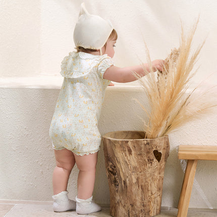 Baby Girls Summer Cute Duck Print Beige Breathable Cotton Rompers