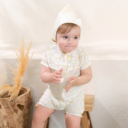 Baby Girls Summer Cute Duck Print Beige Breathable Cotton Rompers