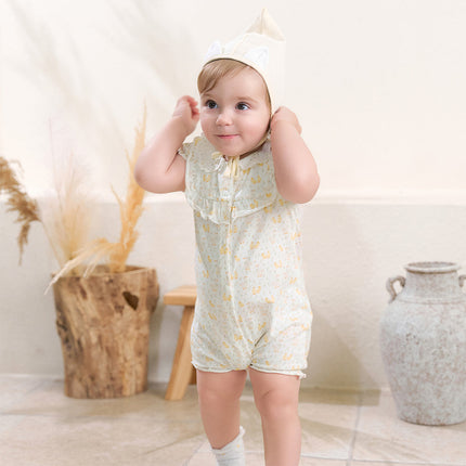 Baby Girls Summer Cute Duck Print Beige Breathable Cotton Rompers