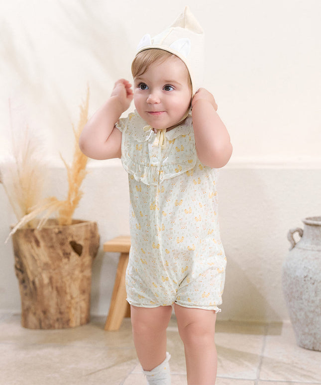 Baby Girls Summer Cute Duck Print Beige Breathable Cotton Rompers