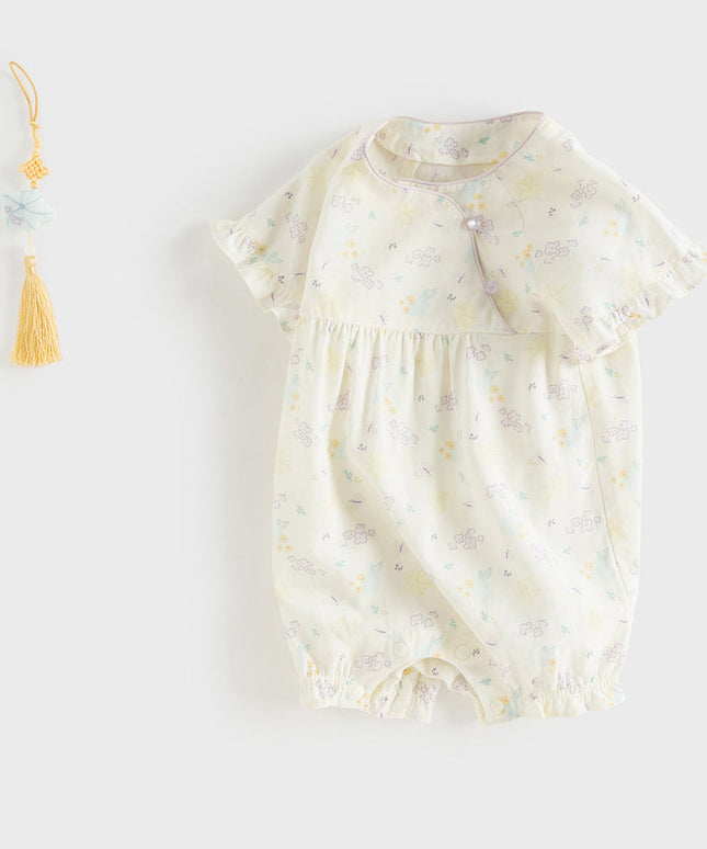 Baby Girls Summer Beige Butterfly Print Soft Indoor Rompers