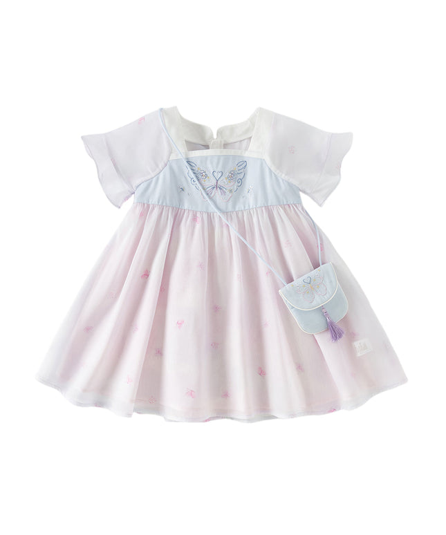 Toddler Girls Summer Butterfly Print Chinese-style Mesh Dress(wallet bag)