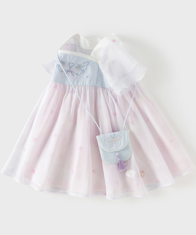 Toddler Girls Summer Butterfly Print Chinese-style Mesh Dress(wallet bag)