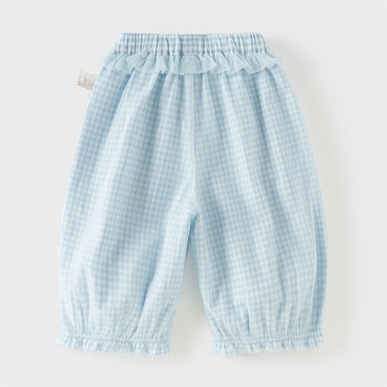 Toddler Girls Summer Stylish Blue White Plaid Straight-leg Wide Soft Mesh Pants