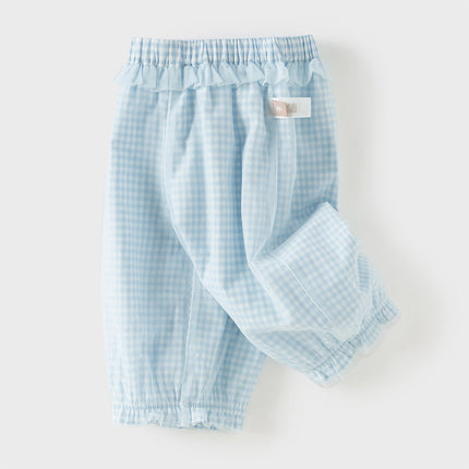 Toddler Girls Summer Stylish Blue White Plaid Straight-leg Wide Soft Mesh Pants