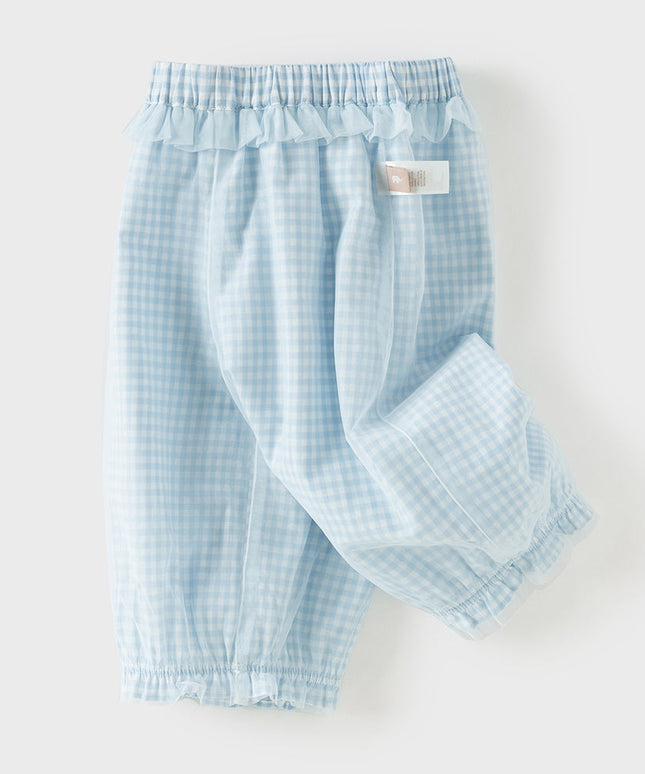 Toddler Girls Summer Stylish Blue White Plaid Straight-leg Wide Soft Mesh Pants