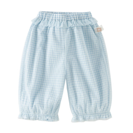 Toddler Girls Summer Stylish Blue White Plaid Straight-leg Wide Soft Mesh Pants