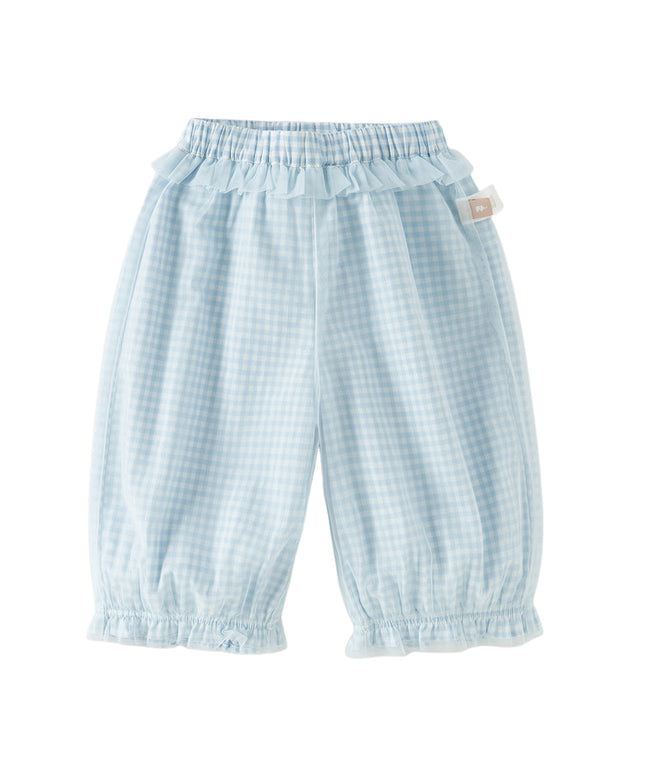 Toddler Girls Summer Stylish Blue White Plaid Straight-leg Wide Soft Mesh Pants