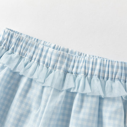 Toddler Girls Summer Stylish Blue White Plaid Straight-leg Wide Soft Mesh Pants