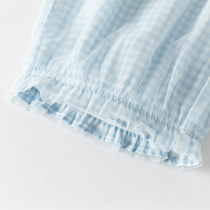 Toddler Girls Summer Stylish Blue White Plaid Straight-leg Wide Soft Mesh Pants