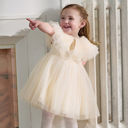 Kids Girls Summer Noble Champagne Sleeveless Mesh Party Dress(with shawl)