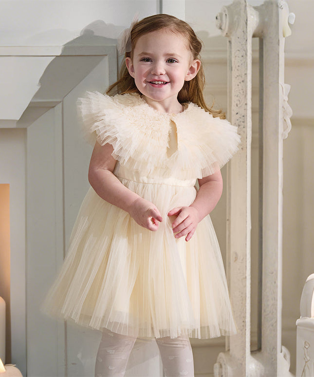 Kids Girls Summer Noble Champagne Sleeveless Mesh Party Dress(with shawl)