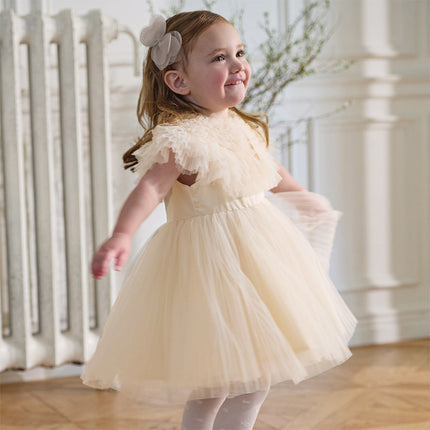 Kids Girls Summer Noble Champagne Sleeveless Mesh Party Dress(with shawl)