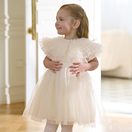 Kids Girls Summer Noble Champagne Sleeveless Mesh Party Dress(with shawl)