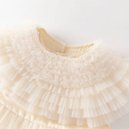 Kids Girls Summer Noble Champagne Sleeveless Mesh Party Dress(with shawl)