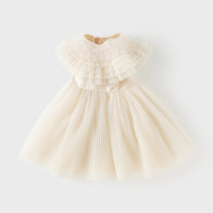 Kids Girls Summer Noble Champagne Sleeveless Mesh Party Dress(with shawl)