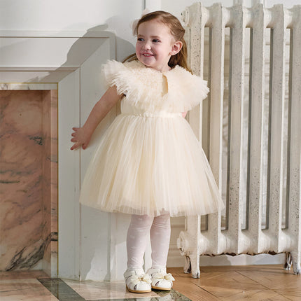 Kids Girls Summer Noble Champagne Sleeveless Mesh Party Dress(with shawl)