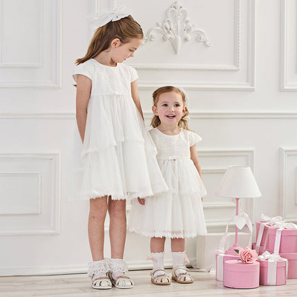 Kids Girls Summer White Short Sleeve Lightweight Mesh A-line Dress(hair clip)