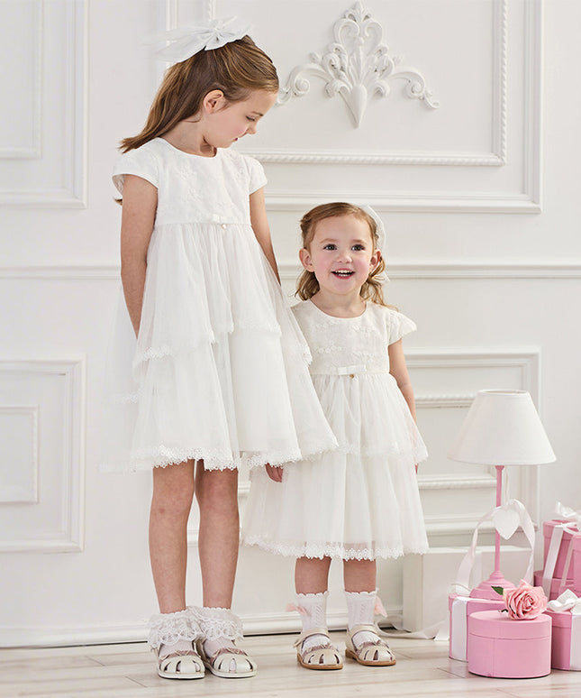 Kids Girls Summer White Short Sleeve Lightweight Mesh A-line Dress(hair clip)