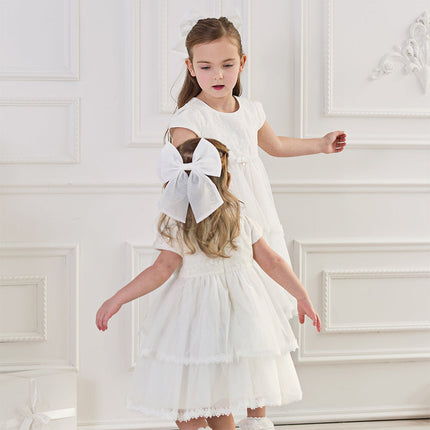 Kids Girls Summer White Short Sleeve Lightweight Mesh A-line Dress(hair clip)