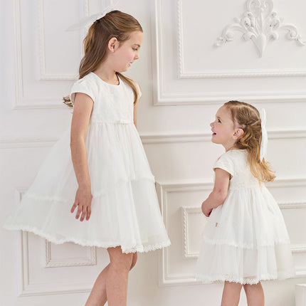 Kids Girls Summer White Short Sleeve Lightweight Mesh A-line Dress(hair clip)