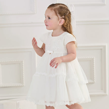 Kids Girls Summer White Short Sleeve Lightweight Mesh A-line Dress(hair clip)