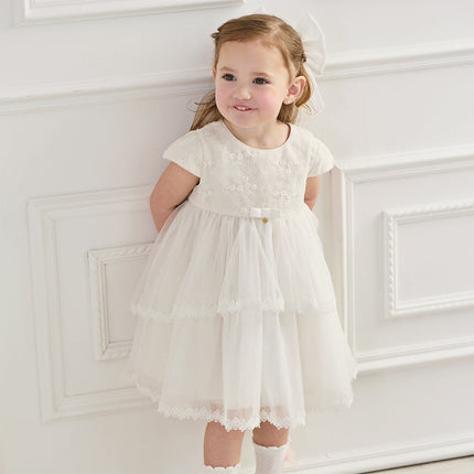 Kids Girls Summer White Short Sleeve Lightweight Mesh A-line Dress(hair clip)