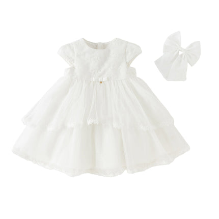 Kids Girls Summer White Short Sleeve Lightweight Mesh A-line Dress(hair clip)