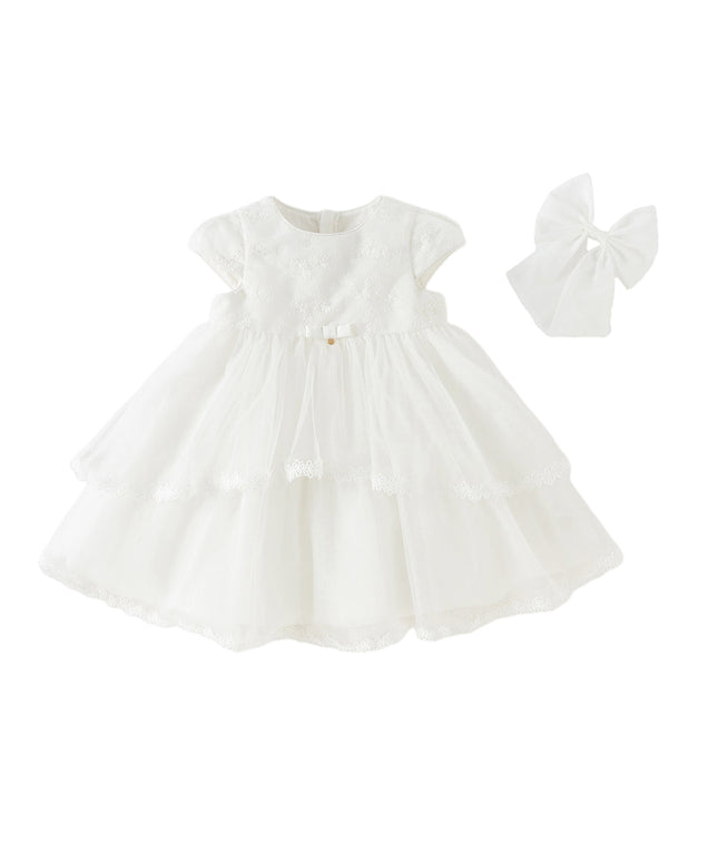 Kids Girls Summer White Short Sleeve Lightweight Mesh A-line Dress(hair clip)