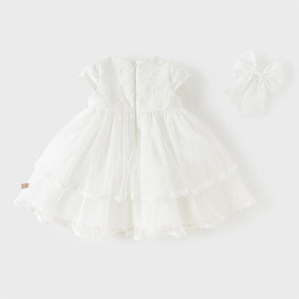 Kids Girls Summer White Short Sleeve Lightweight Mesh A-line Dress(hair clip)