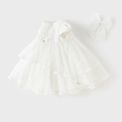 Kids Girls Summer White Short Sleeve Lightweight Mesh A-line Dress(hair clip)