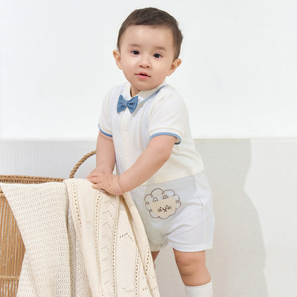 Baby Boys Summer Casual Beige Cute Cartoon Short Sleeve Indoor Rompers