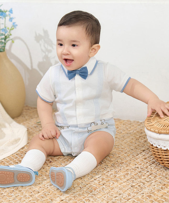 Baby Boys Summer Casual Beige Cute Cartoon Short Sleeve Indoor Rompers