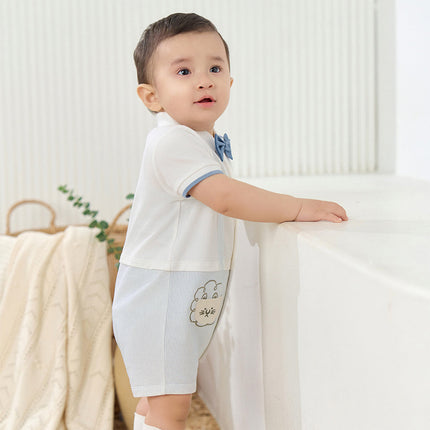 Baby Boys Summer Casual Beige Cute Cartoon Short Sleeve Indoor Rompers