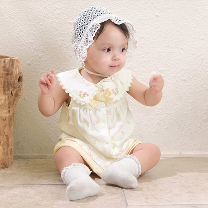 Baby Girls Summer Charming Yellow Floral Sleeveless Cotton Cute Rompers