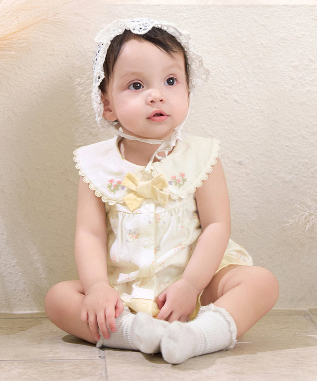 Baby Girls Summer Charming Yellow Floral Sleeveless Cotton Cute Rompers