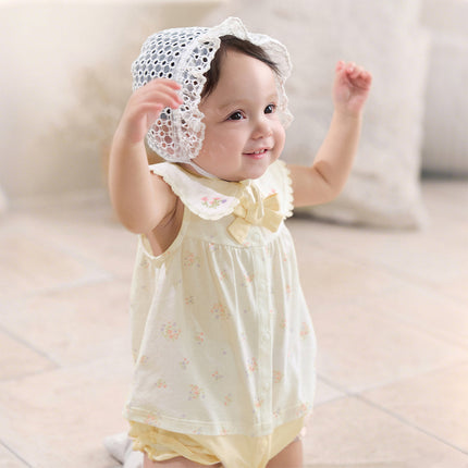 Baby Girls Summer Charming Yellow Floral Sleeveless Cotton Cute Rompers