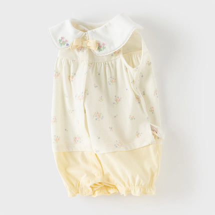 Baby Girls Summer Charming Yellow Floral Sleeveless Cotton Cute Rompers