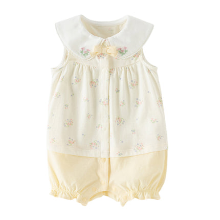 Baby Girls Summer Charming Yellow Floral Sleeveless Cotton Cute Rompers