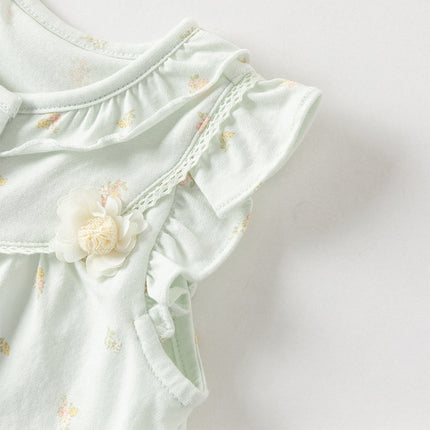 Baby Girls Summer Adorable Green Floral Sleeveless Breathable Cotton Rompers