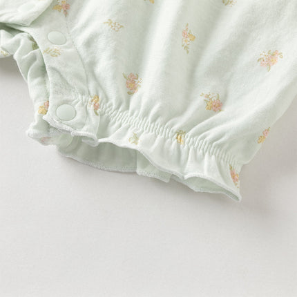 Baby Girls Summer Adorable Green Floral Sleeveless Breathable Cotton Rompers