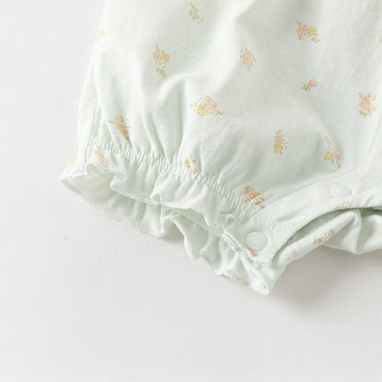 Baby Girls Summer Adorable Green Floral Sleeveless Breathable Cotton Rompers