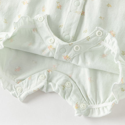Baby Girls Summer Adorable Green Floral Sleeveless Breathable Cotton Rompers